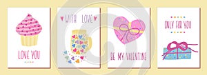 Set of Happy Valentines Day card hand drawn elements and lettering background template. Romantic vector illustration