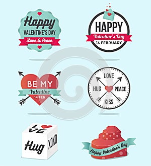 Set of Happy Valentines Day logo, labels, banner, icons with ornaments hearts, arrow and ribbon. Flat design.