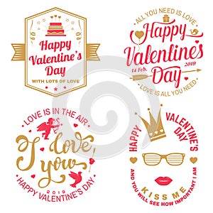 Set of Happy Valentines Day sign. Stamp, card with crown, lips and glasses bird, amur, arrow, heart. Vector. Vinta