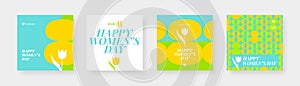 Set of Happy women`s day greeting card. March 8 Holiday poster with type design and tulip flower.