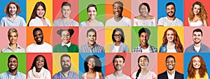 Set Of Happy Young People Portraits On Bright Colorful Backgrounds