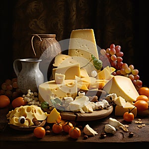 Set of hard cheeses with dried nuts, and fruits