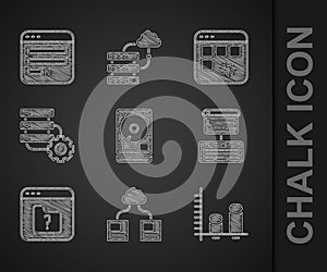 Set Hard disk drive HDD, Cloud technology data transfer, Data analysis, Server, Data, Web Hosting, File missing, and