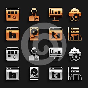 Set Hard disk drive HDD, Cloud technology data transfer, Server, Data, Web Hosting, Broken file, File missing, Monitor