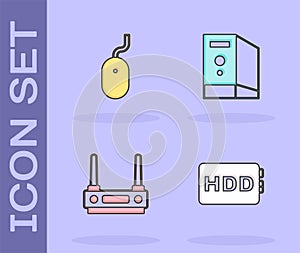 Set Hard disk drive HDD, Computer mouse, Router and wi-fi signal and Case of computer icon. Vector