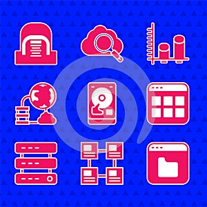 Set Hard disk drive HDD, Hierarchy organogram chart, Browser files, Server, Data, Web Hosting, Network cloud connection