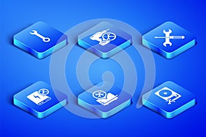 Set Hard disk drive service, Wrench, Toaster, Power bank, Drill machine and Crossed screwdriver and wrench icon. Vector