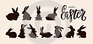 Set of hare shadow design element. Silhouette for card, poster, sticker, pattern. Easter bunny, rabbit. Cute animal silhouette.