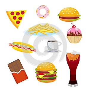 Set harmful foods. Chocolate and cola, hamburger and hot dog, french fries, and cake, coffee and pizza. Vector