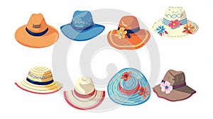 A set of hat designs for children. Funny summer hats, headwear, children's head accessories. Cute sun protection