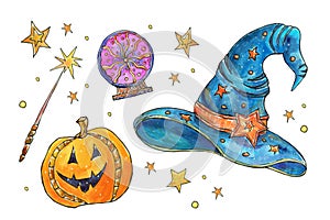 Set with hat, magic wand and crystal ball, pumpkin. Bright watercolor illustration . Halloween set for original design.
