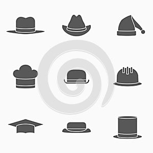 Set of hats monochrome icons. Vector illustration.