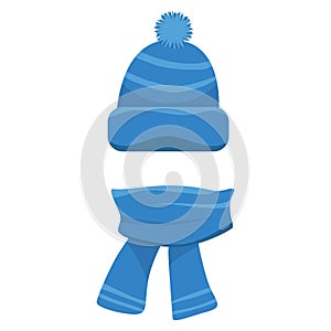 A set of hats and scarves for boys and girls in cold weather. Stylish hats and scarves. Clothes for winter and autumn. Blue, red,