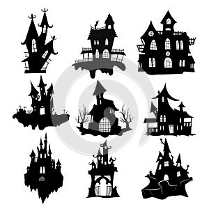 Set of haunted houses for Halloween. Collection of castles with monsters. Black house sieves. Vector illustration for