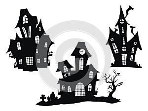 Set of haunted houses for Halloween. Collection of castles with monsters. Black house sieves. Vector illustration for
