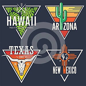 Set of Hawaii Arizona Texas New Mexico tee prints.