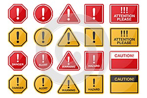Set of hazard, danger, caution, warning sign in different shapes and color
