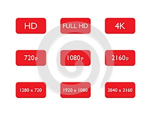 Set of hd, full hd and 4k resolution. 720p, 1080p and 2160p pixel of display or video quality. 1920x1080 media