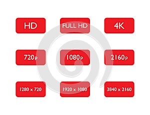 Set of hd, full hd and 4k resolution. 720p, 1080p and 2160p pixel of display or video quality. 1920x1080 media photo