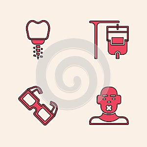 Set Head of deaf and dumb, Dental implant, IV bag and Eyeglasses icon. Vector