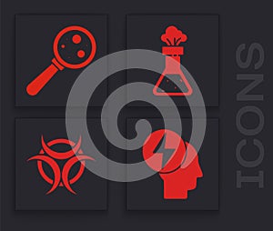 Set Head and electric symbol, Microorganisms under magnifier, Test tube and flask chemical and Biohazard symbol icon