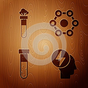 Set Head and electric symbol, Test tube and flask chemical, Test tube and flask chemical and Chemical formula on wooden