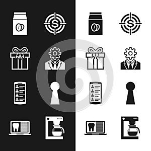 Set Head with gear inside, Gift box, Coffee beans bag, Target dollar, Smartphone contacts and Keyhole icon. Vector