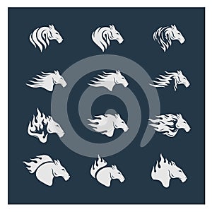 Set of Head Horse logo design vector. Horse Fire logo template. Illustration Vector