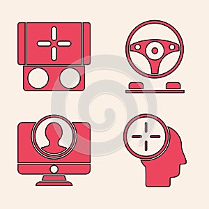 Set Head hunting concept, Portable video game console, Racing simulator cockpit and Create account screen icon. Vector