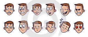 Set of head images with different emotional expressions. Emoji cartoon faces conveying verious feelings. Isolated vector