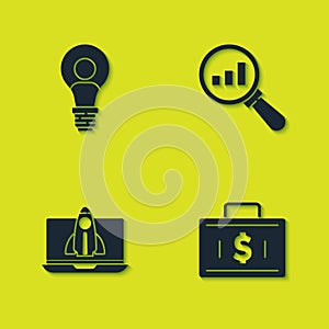 Set Head with lamp bulb, Briefcase and money, Startup project concept and Magnifying glass analysis icon. Vector