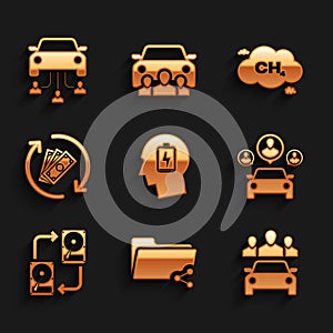 Set Head with low battery, Share folder, Car sharing, , Data exchange hhd and Refund money icon. Vector