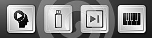 Set Head people with play button, USB flash drive, Fast forward and Music synthesizer icon. Silver square button. Vector