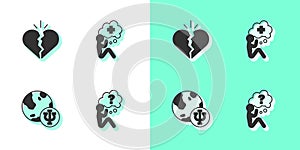 Set Head with question mark, Broken heart or divorce, Psychology, Psi and Helping hand icon. Vector