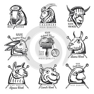 Set of head wool animals, yak, goat, rabbit, camel, lama, alpaca, sheep, and lamb with crossed knitting needles. Logo for knitted