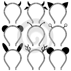 Set of headbands, headdresses, hearbands with ears and horns animals and other characters. Set of icons horns devil, cow, deer.