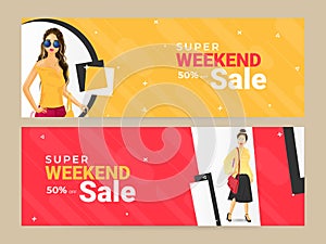 Set of header or banner design with illustration of modern girls and 50% discount offer for Super weekend sale.