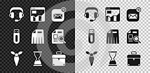 Set Headphones, Graph chart infographic, Envelope, Tie, Old hourglass, Briefcase, USB flash drive and Paper shredder