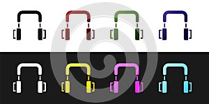 Set Headphones icon isolated on black and white background. Earphones. Concept for listening to music, service
