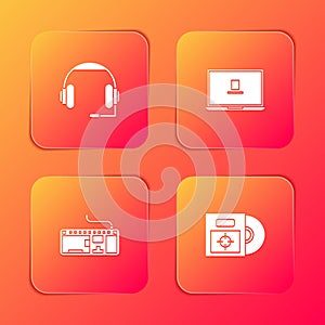 Set Headphones, Laptop, Computer keyboard and CD or DVD disk in box icon. Vector