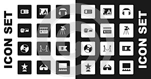 Set Headphones, Movie clapper, Cinema camera, ticket, Tripod, Online play video, and CD or DVD disk icon. Vector