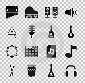 Set Headphones, Music note, tone, Banjo, Stereo speaker, Microphone, Triangle, Pan flute and Guitar icon. Vector