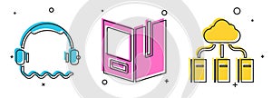 Set Headphones, Open book and Cloud or online library icon. Vector