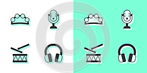 Set Headphones, Tambourine, Drum with drum sticks and Microphone icon. Vector