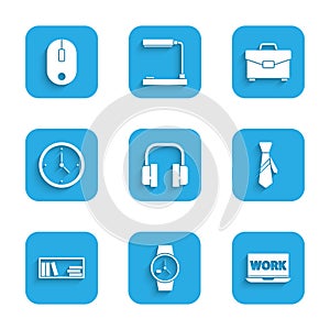 Set Headphones, Wrist watch, Laptop with text work, Tie, Shelf books, Clock, Briefcase and Computer mouse icon. Vector
