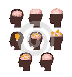 Set of heads brown silhouettes with brains in white background