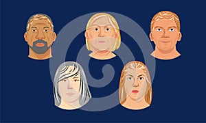 Set of headshot people portrait illustration the diversity of people`s faces, male and female, young and old