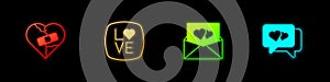Set Healed broken heart or divorce, Love text, Envelope with Valentine and Heart speech bubble icon. Vector