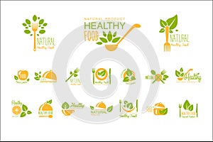 Set of healthy food and drinks logos. Natural product. Vegetarian nutrition. Vector emblems for cafe, restaurant or farm