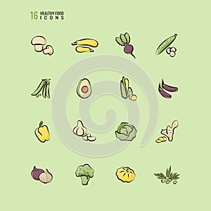 Set of healthy food icons in cartoon style. Natural products. Set of vegetables and mushrooms. Vector